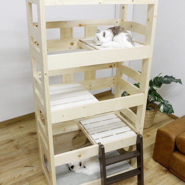 【直送可】ペットベッド キャットタワー ペット小屋 5段ベッド はしご パイン材 【ペット家具】