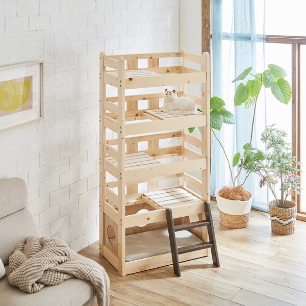 【直送可】ペットベッド キャットタワー ペット小屋 5段ベッド はしご パイン材 【ペット家具】