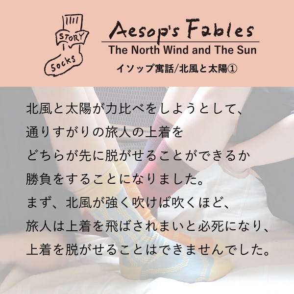 【在庫残りわずか】日本製・ストーリーソックス（アシンメトリーデザイン）北風と太陽【イソップ寓話】