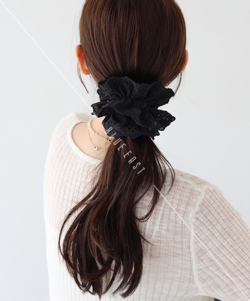 2025新作【コットンレースフリルシュシュ】　ヘアアクセサリー　シュシュ　フリル　コットン