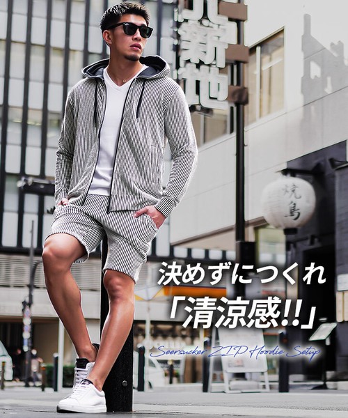 【シアサッカーセット】メンズ 上下セット パーカー ショーツ 涼しい 快適 綺麗め 夏服 新作
