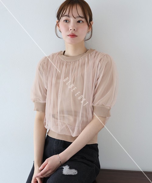 2025新作・再入荷【チュールレイヤードニット】トップス　  半袖　チュール　ニット