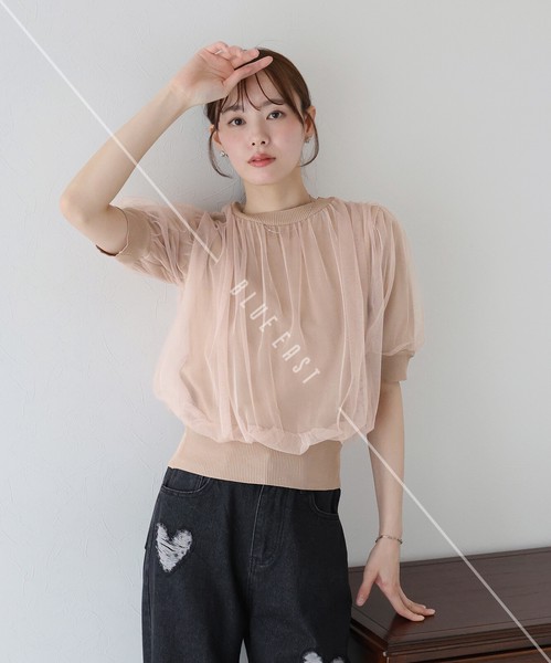 2025新作・再入荷【チュールレイヤードニット】トップス　  半袖　チュール　ニット