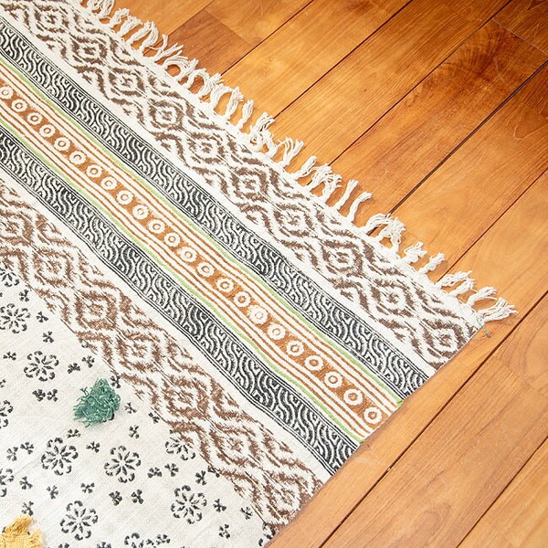 【約170cm x 130cm】ジャイプル 厚手コットンとウッドブロックの大判ラグ インド綿 ダリー