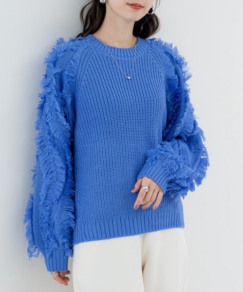 【new arrival】袖フリンジセミラグランプルオーバー　/　トップス　ニット　フリンジ
