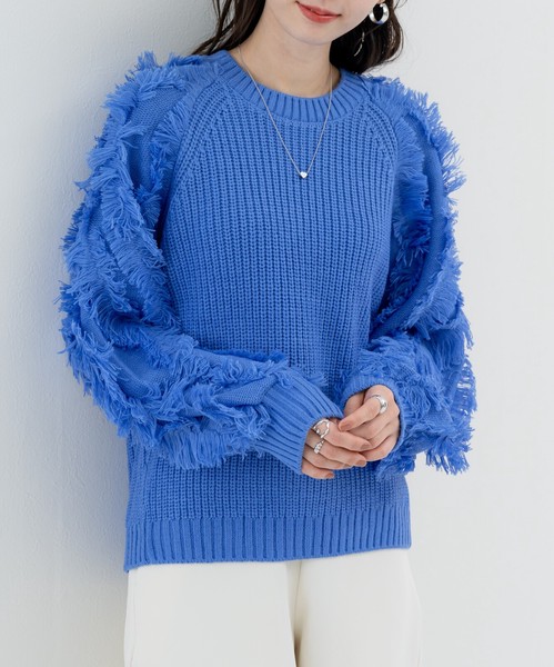 【new arrival】袖フリンジセミラグランプルオーバー　/　トップス　ニット　フリンジ
