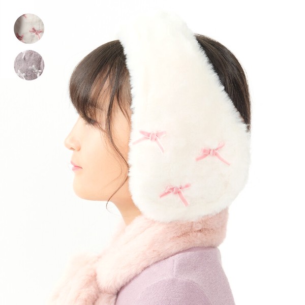 ふわふわリボン付きイヤーマフ  B65866  フェイクファー 触り心地の良い 暖か 可愛い サイズ調整有 耳当て