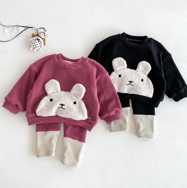 韓国スタイル 2色5サイズ 子供服 シャツ パンツ 2点セット セットアップ ウサギ あたたかい 長袖  かわいい