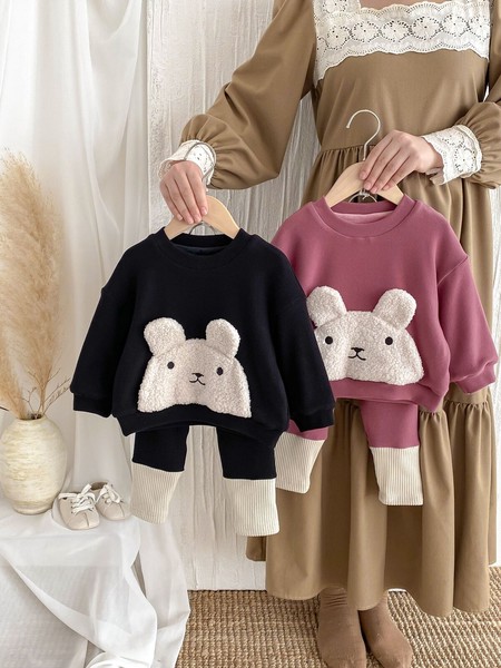 韓国スタイル 2色5サイズ 子供服 シャツ パンツ 2点セット セットアップ ウサギ あたたかい 長袖  かわいい