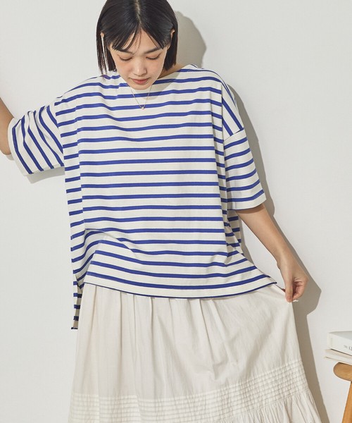 10番単ボーダーワイドシルエット半袖プルオーバー
