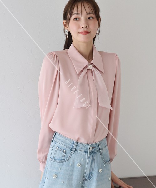 再入荷【パールモチーフリボンブラウス】人気商品　シャツ　トップス　リボン　長袖