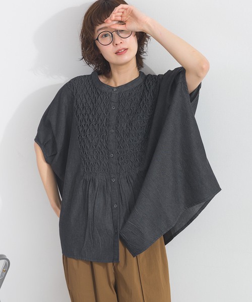 [SD限定] 5.5オンスデニム スモッキング刺繍 コクーン ブラウス インド綿