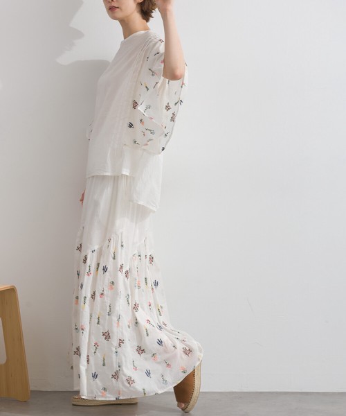 ボタニカル総刺繍 フレアスリーブ 前後差ヘム プルオーバー ブラウス セットアップ可 花柄【2026春夏新作】