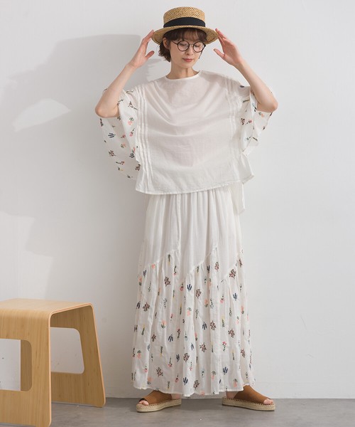 ボタニカル総刺繍 フレアスリーブ 前後差ヘム プルオーバー ブラウス セットアップ可 花柄【2026春夏新作】