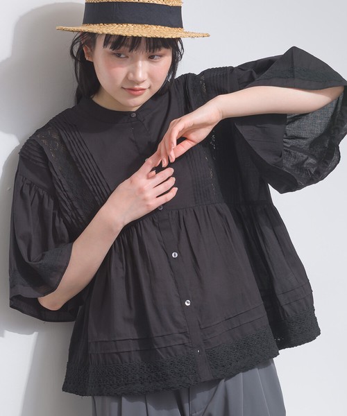 [SD限定] ボイル＊MIXレース 贅沢ピンタック レース ボリュームスリーブ ブラウス