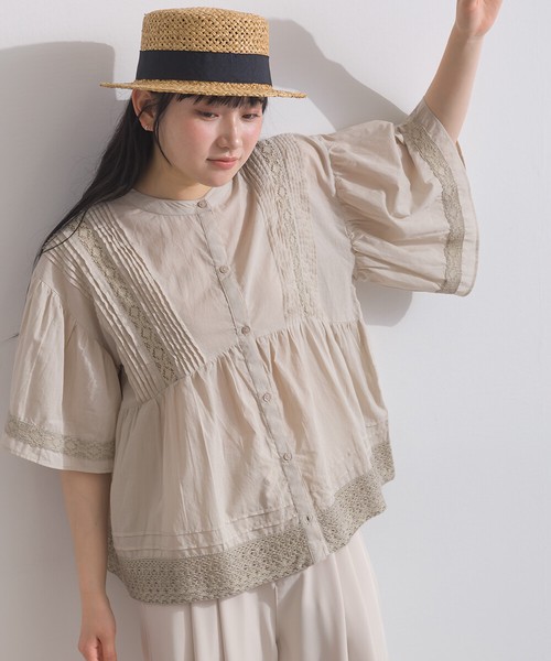 [SD限定] ボイル＊MIXレース 贅沢ピンタック レース ボリュームスリーブ ブラウス
