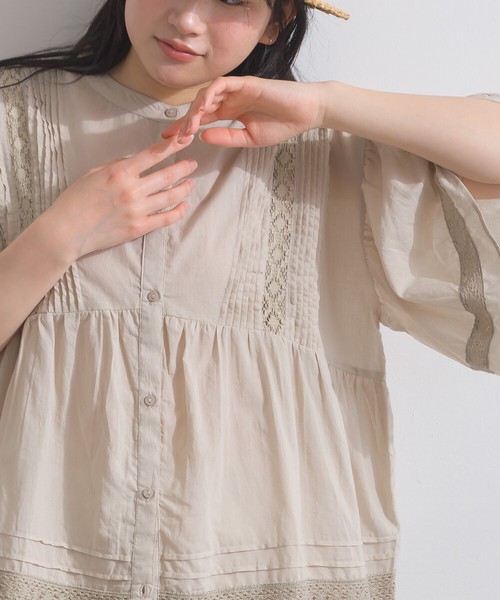 [SD限定] ボイル＊MIXレース 贅沢ピンタック レース ボリュームスリーブ ブラウス