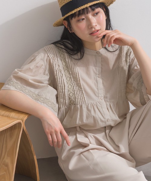 [SD限定] ボイル＊MIXレース 贅沢ピンタック レース ボリュームスリーブ ブラウス