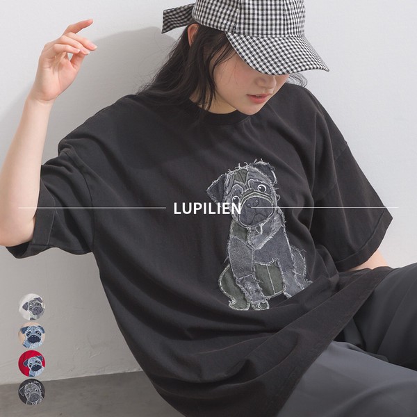 16Sパウダー天竺 立体デニムパッチワーク パグ モチーフ Tシャツ 犬【2026春夏新作】