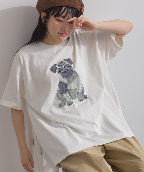 16Sパウダー天竺 立体デニムパッチワーク パグ モチーフ Tシャツ 犬【2026春夏新作】