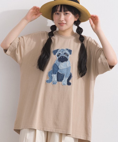 16Sパウダー天竺 立体デニムパッチワーク パグ モチーフ Tシャツ 犬【2026春夏新作】