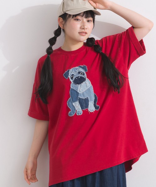 16Sパウダー天竺 立体デニムパッチワーク パグ モチーフ Tシャツ 犬【2026春夏新作】