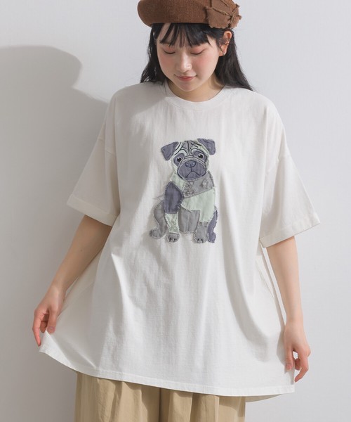 16Sパウダー天竺 立体デニムパッチワーク パグ モチーフ Tシャツ 犬【2026春夏新作】