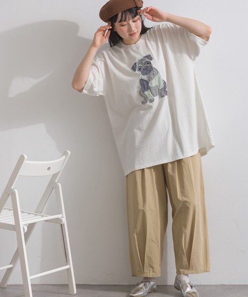 16Sパウダー天竺 立体デニムパッチワーク パグ モチーフ Tシャツ 犬【2026春夏新作】