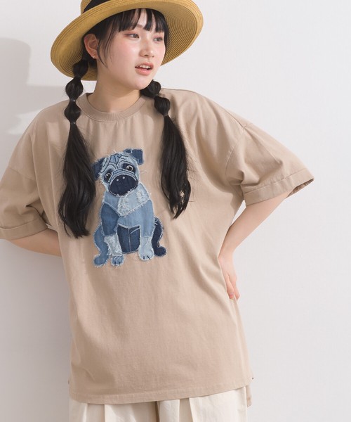 16Sパウダー天竺 立体デニムパッチワーク パグ モチーフ Tシャツ 犬【2026春夏新作】