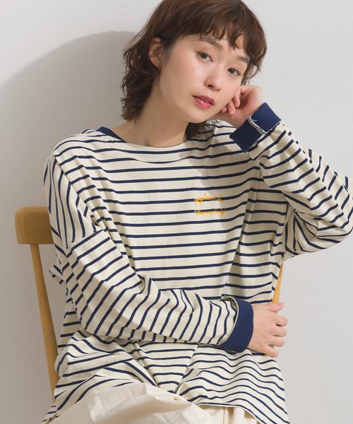 OE天竺 刺繍ロゴ ダブルカフス ボーダーロンT 長袖 Tシャツ【2026年春夏新作】