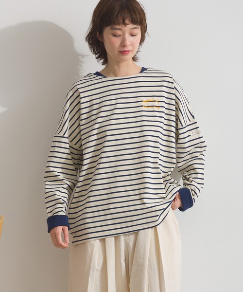 OE天竺 刺繍ロゴ ダブルカフス ボーダーロンT 長袖 Tシャツ【2026年春夏新作】