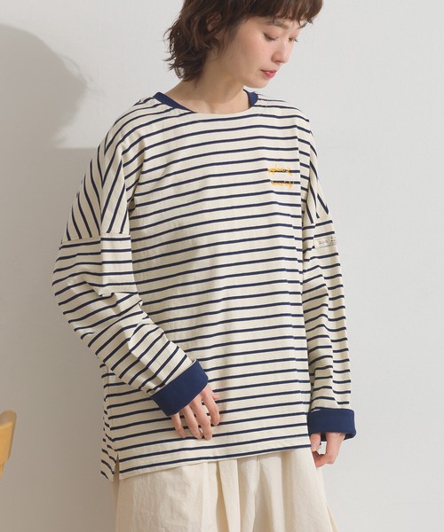 OE天竺 刺繍ロゴ ダブルカフス ボーダーロンT 長袖 Tシャツ【2026年春夏新作】
