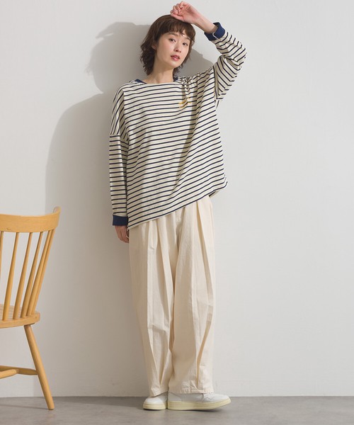 OE天竺 刺繍ロゴ ダブルカフス ボーダーロンT 長袖 Tシャツ【2026年春夏新作】