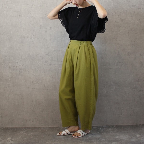 【SS定番品】綿麻サーカスパンツ ストライプ 無地 ワイドパンツ バレルレッグ 2026春夏新作【即納】