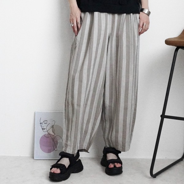 【SS定番品】綿麻サーカスパンツ ストライプ 無地 ワイドパンツ バレルレッグ 2026春夏新作【即納】