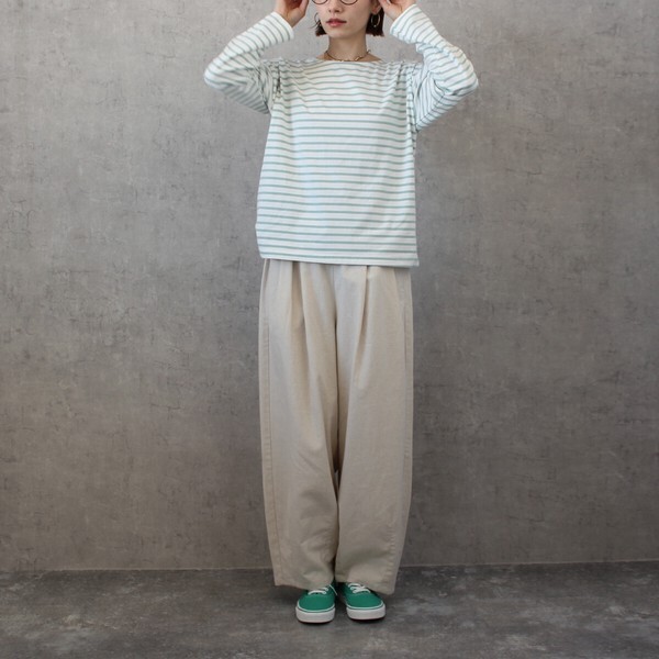 【SS定番品】綿麻サーカスパンツ ストライプ 無地 ワイドパンツ バレルレッグ 2026春夏新作【即納】