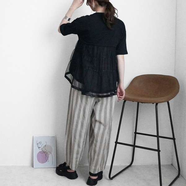 【SS定番品】綿麻サーカスパンツ ストライプ 無地 ワイドパンツ バレルレッグ 2026春夏新作【即納】