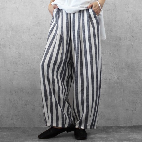 【SS定番品】綿麻サーカスパンツ ストライプ 無地 ワイドパンツ バレルレッグ 2026春夏新作【即納】