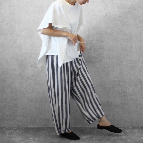 【SS定番品】綿麻サーカスパンツ ストライプ 無地 ワイドパンツ バレルレッグ 2026春夏新作【即納】