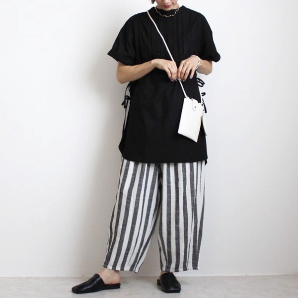 【SS定番品】綿麻サーカスパンツ ストライプ 無地 ワイドパンツ バレルレッグ 2026春夏新作【即納】