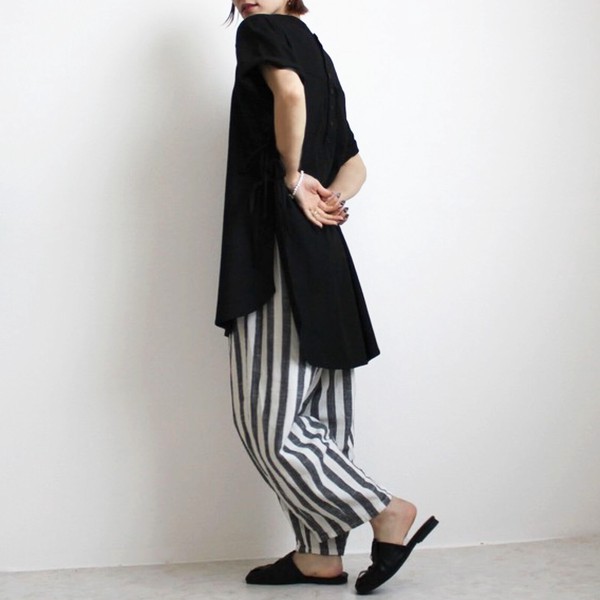 【SS定番品】綿麻サーカスパンツ ストライプ 無地 ワイドパンツ バレルレッグ 2026春夏新作【即納】