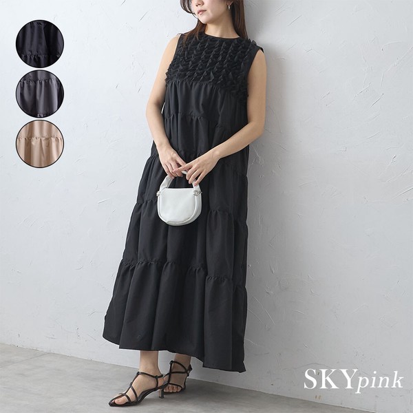 【再入荷】人気アイテム☆胸元フリルノースリーブティアードワンピース　skypink東京
