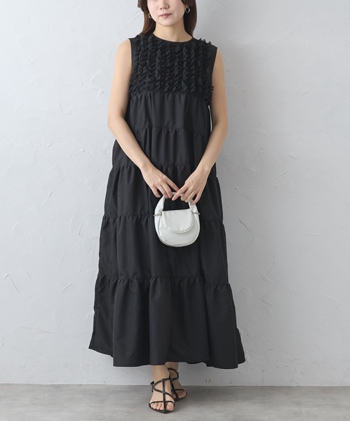 【再入荷】人気アイテム☆胸元フリルノースリーブティアードワンピース　skypink東京