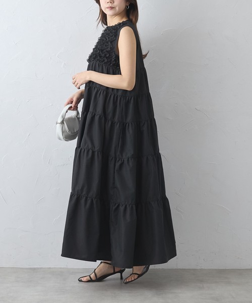 【再入荷】人気アイテム☆胸元フリルノースリーブティアードワンピース　skypink東京
