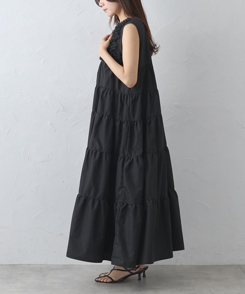 【再入荷】人気アイテム☆胸元フリルノースリーブティアードワンピース　skypink東京