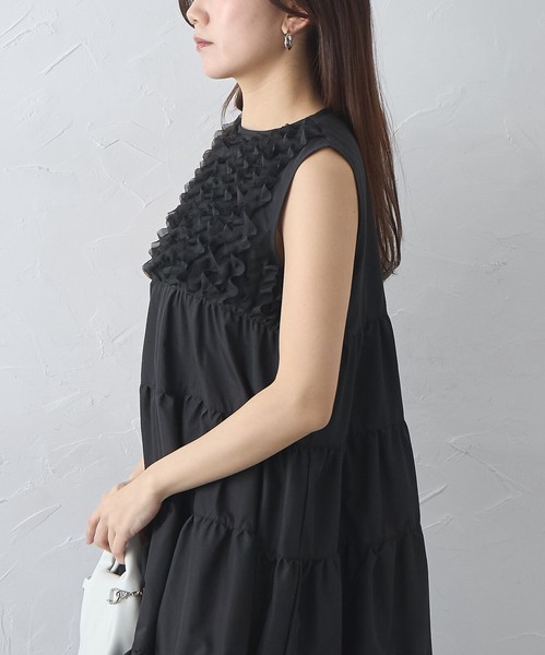 【再入荷】人気アイテム☆胸元フリルノースリーブティアードワンピース　skypink東京