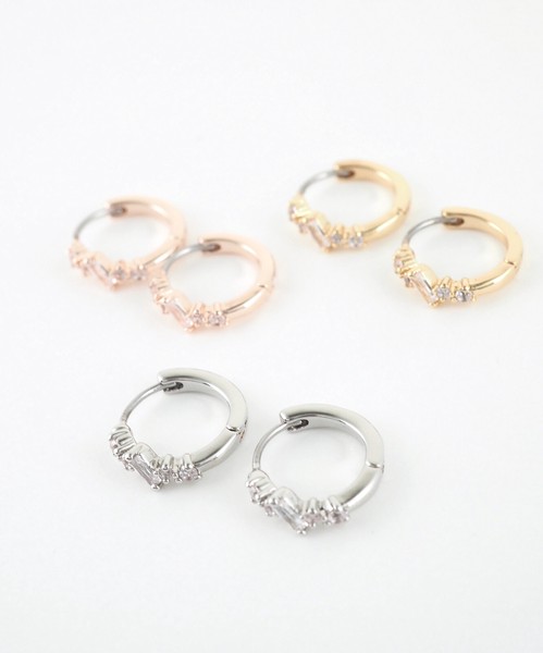 【ステンレス】バゲットジルコニアフープステンレスポストピアス