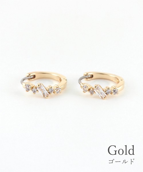【ステンレス】バゲットジルコニアフープステンレスポストピアス