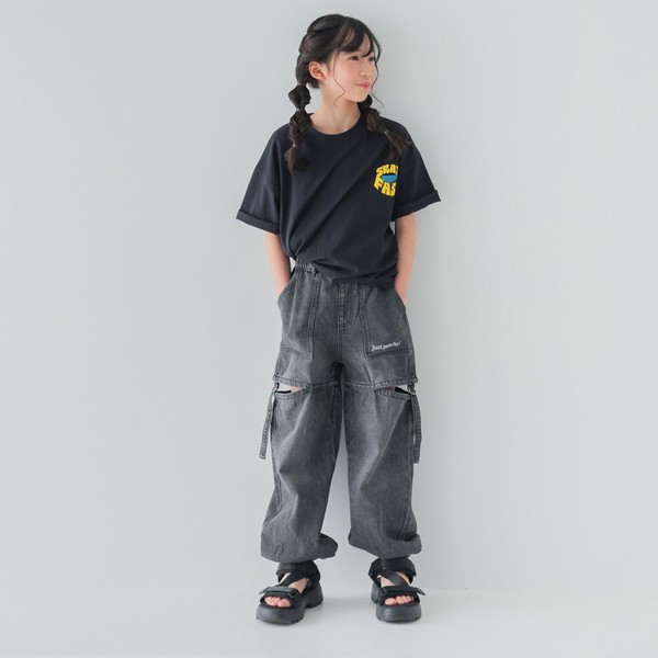 ジュニア　120㎝-160㎝　　コットンデニム　スリット　ワイドジョガーパンツ　　ケミカルウオッシュ　40194