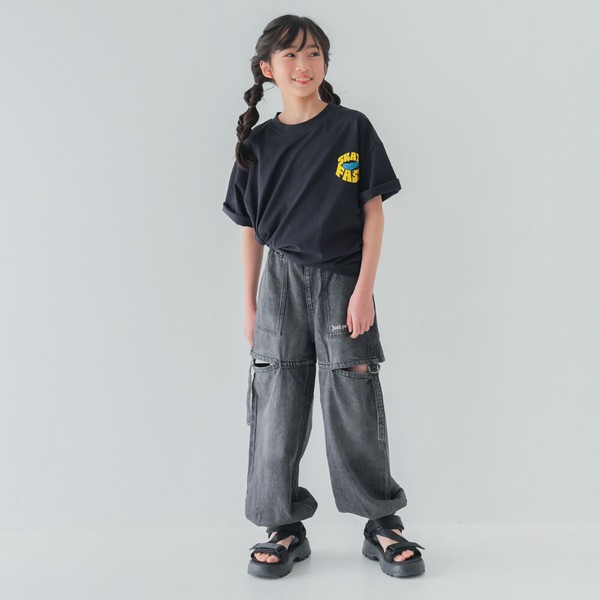 ジュニア　120㎝-160㎝　　コットンデニム　スリット　ワイドジョガーパンツ　　ケミカルウオッシュ　40194